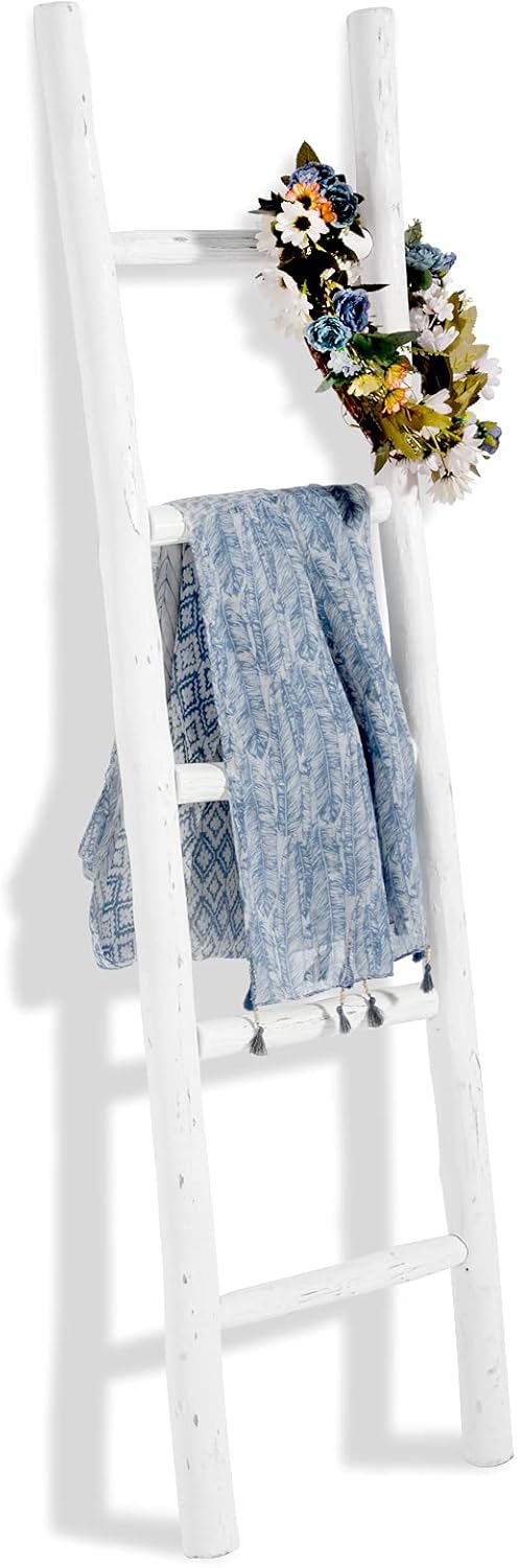 FUIN Fully Assembled 57in Wood Blanket Ladder Living Room Decorative Wall Leaning Farmhouse Quilt Display Holder Rustic Wooden Towel Rack for Bathroom, Brown