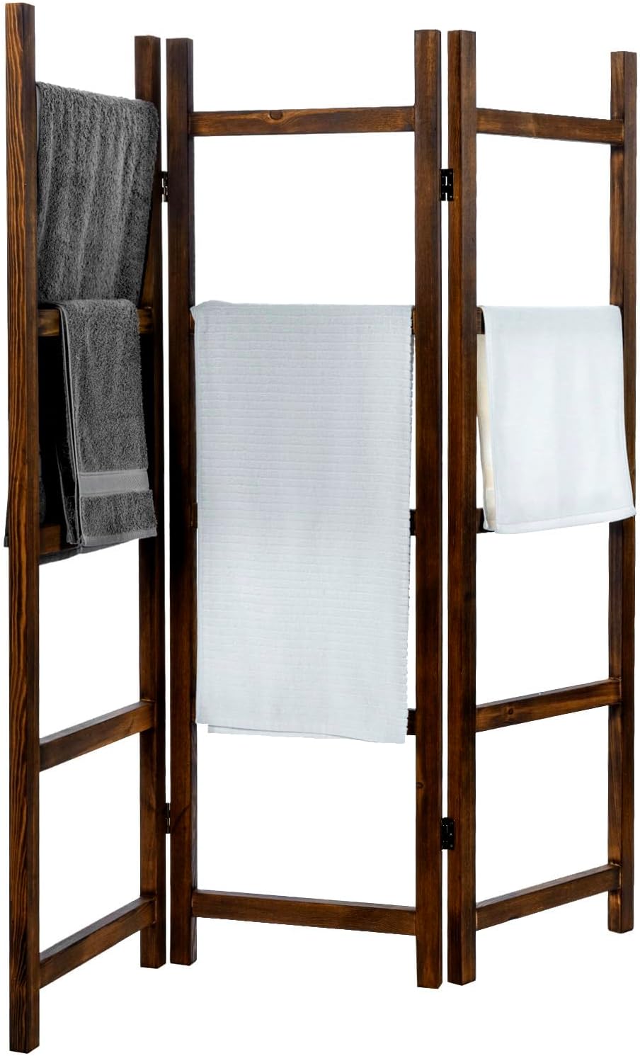 MyGift 3 Panel Solid Burnt Wood Blanket Ladder and Towel Rack, Decorative Free Standing Folding Room Divider for Blankets, Quilts, Throws, Towels, Clothing