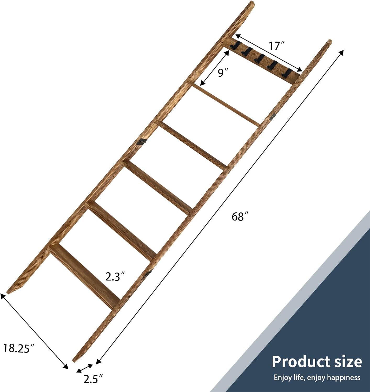 Rustic Blanket Ladder for Bedroom & Living Room - 5.66 Ft Light Brown Wooden Display Rack with 6 Tiers & 5 Hooks (Scarf/Towel Organizer)