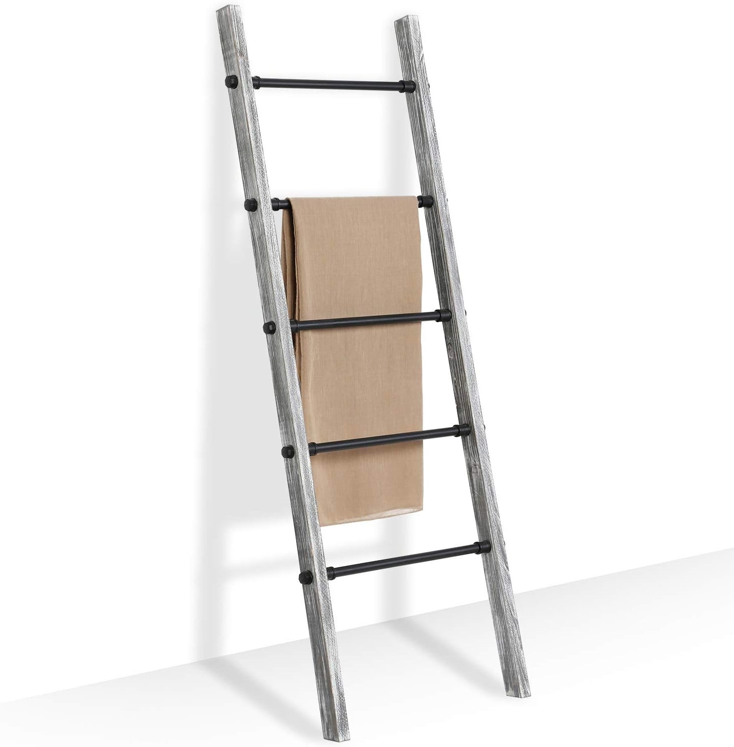 MyGift Rustic Blanket Ladder, Burnt Wood Throw Quilt Rack, Farmhouse Style with 5 Black Metal Rungs, Bathroom Towel Ladder Storage Rack