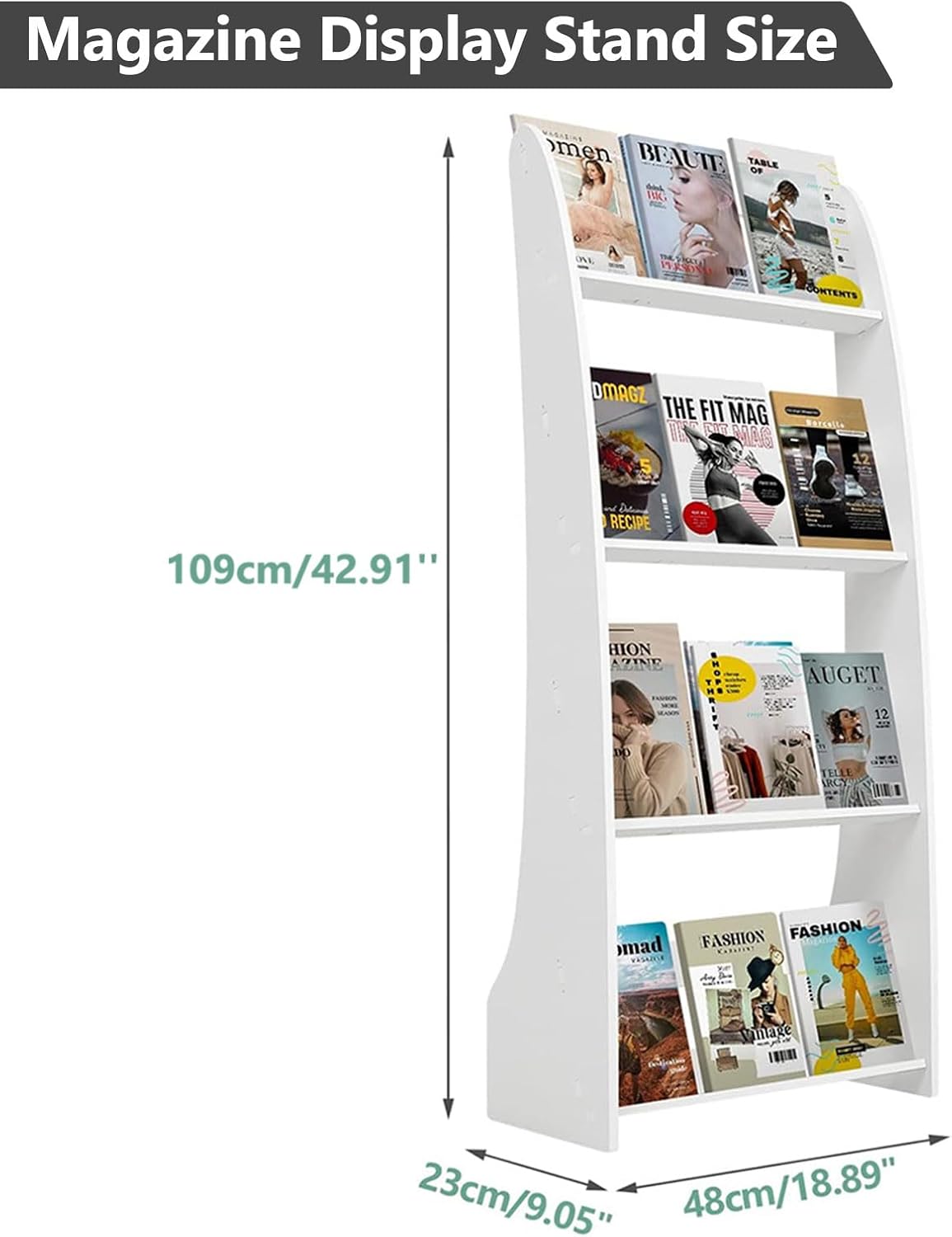 Magazine Display Rack,4 Tiered Book Floor Stand, Floor-Standing Flyer Holder Brochure Display Stand Floor, Catalog Literature Display Rack Leaflet Coupon Stand for Home, Office,Trade, Shopping Malls White