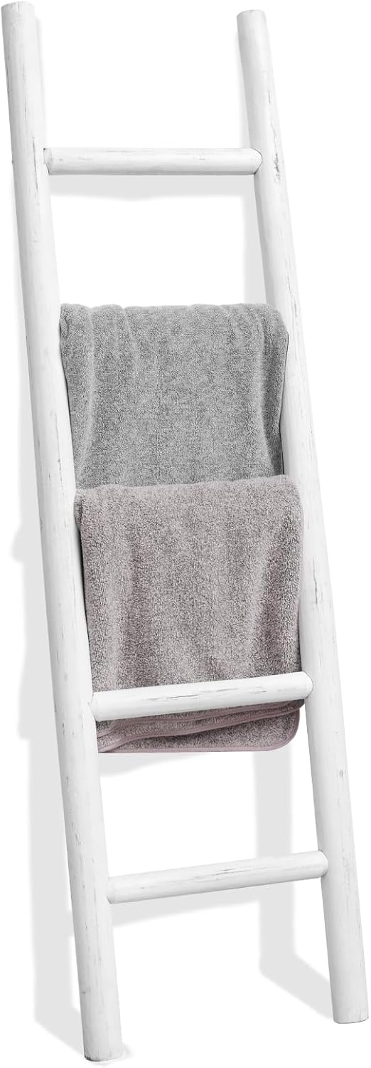 FUIN Fully Assembled 57in Wood Blanket Ladder Living Room Decorative Wall Leaning Farmhouse Quilt Display Holder Rustic Wooden Towel Rack for Bathroom, Brown