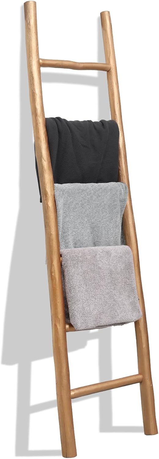FUIN Fully Assembled 57in Wood Blanket Ladder Living Room Decorative Wall Leaning Farmhouse Quilt Display Holder Rustic Wooden Towel Rack for Bathroom, Brown