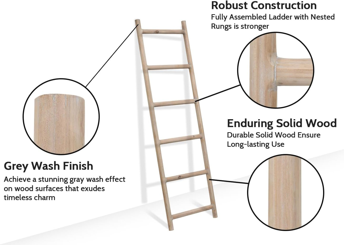 SwallowLiving Fully Assembled 6ft Farmhouse Wood Blanket Ladder Living Room Decorative Wall Leaning Quilt Display Holder Rustic Wooden Towel Rack for Bathroom, Natural & Graywashed