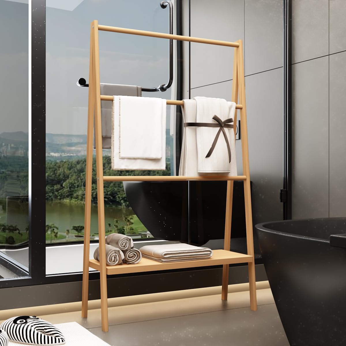 Bamboo Ladder Towel Rack - Blanket Holder with Storage Shelf for Bathroom & Living Room, Freestanding 30.16" L x 12.01" W x 51" H, Eco-Friendly