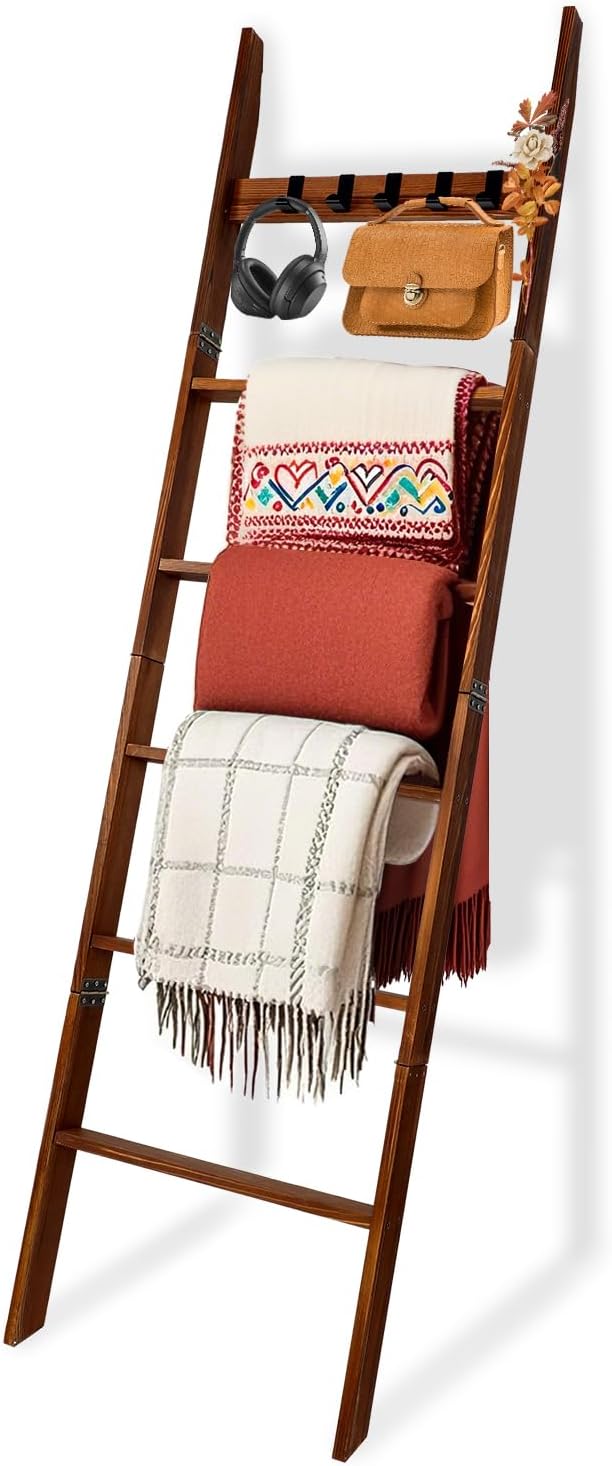 Rustic Blanket Ladder for Bedroom & Living Room - 5.66 Ft Light Brown Wooden Display Rack with 6 Tiers & 5 Hooks (Scarf/Towel Organizer)