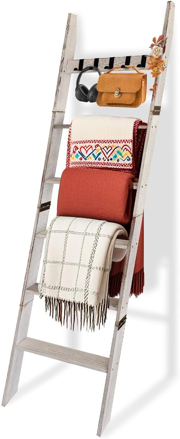 Rustic Blanket Ladder for Bedroom & Living Room - 5.66 Ft Light Brown Wooden Display Rack with 6 Tiers & 5 Hooks (Scarf/Towel Organizer)