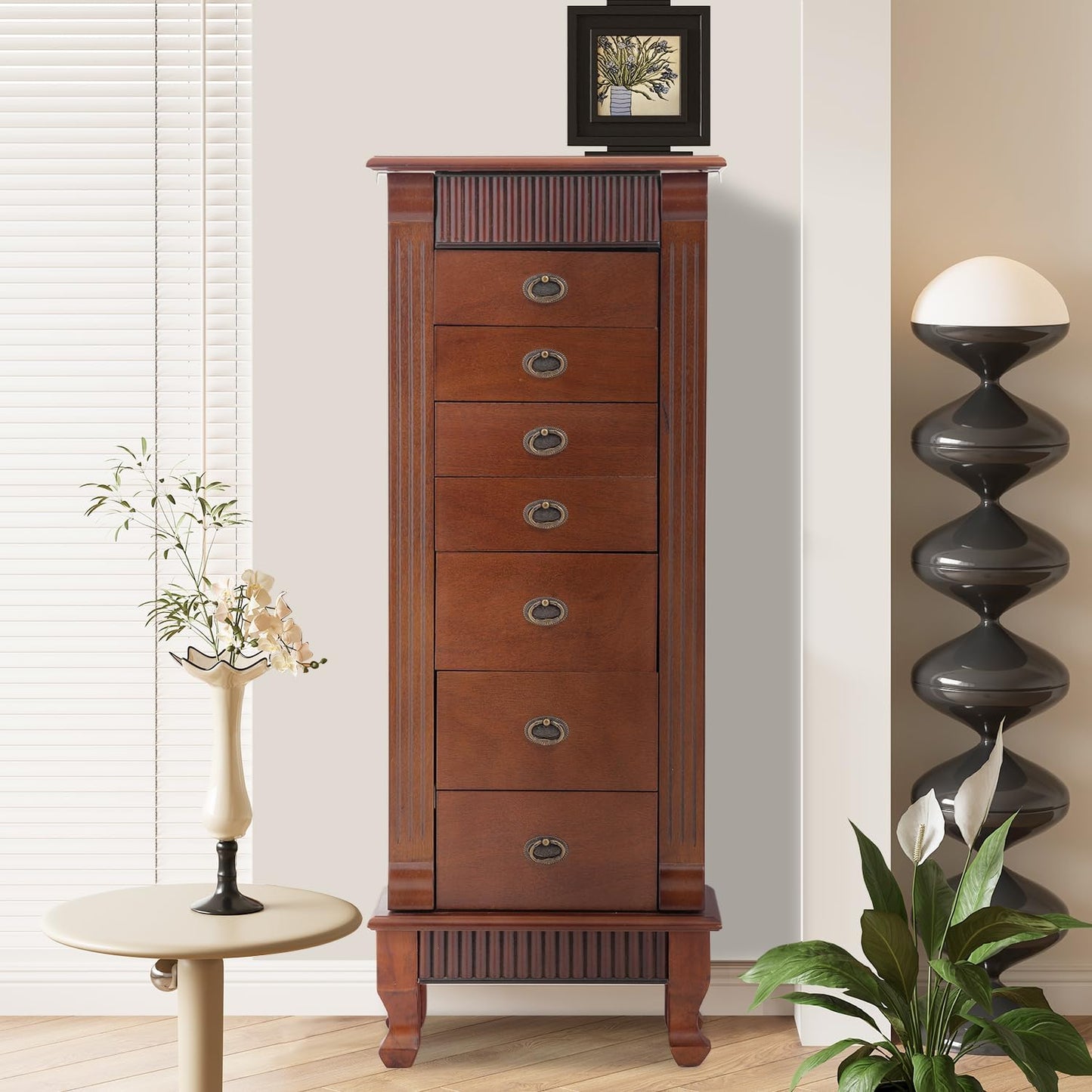 PayLessHere Wooden Jewelry Cabinet Jewelry Organizer Cosmetic Storage Cosmetic Armoire with 2 Side Doors 7 Drawers and Flip-Top Mirror for Makeup