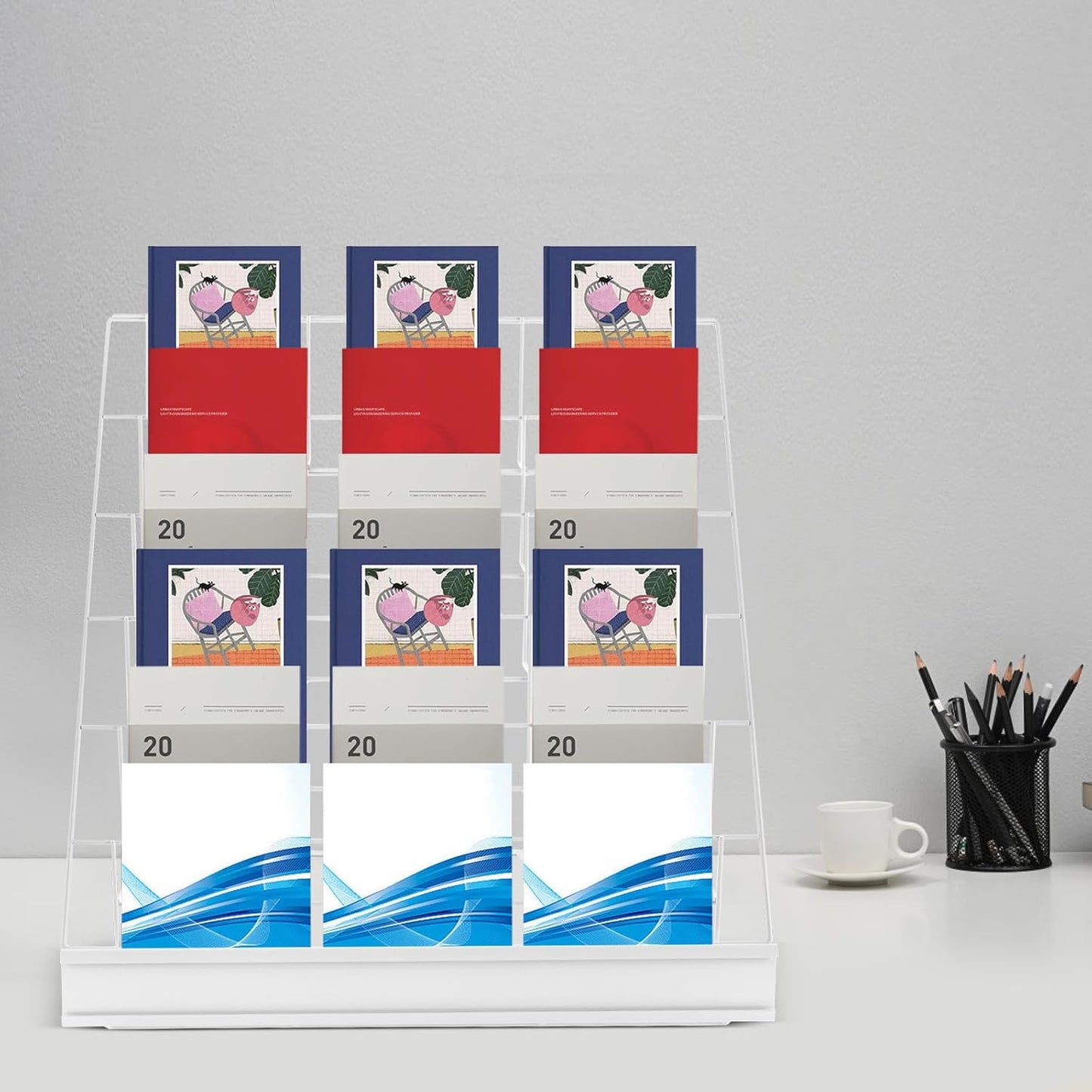 Wire Magazine Rack, Magazine Rack Floor with 6 Open Tiers, Literature Display Rack, Tabletop Display Stand (White)