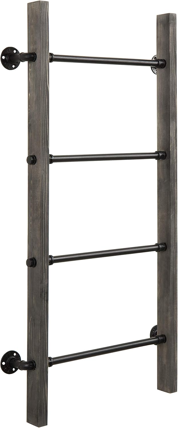 MyGift Wall Mounted Blanket Ladder Farmhouse Gray Wood and Industrial Metal Pipe Towel Hanging Rack