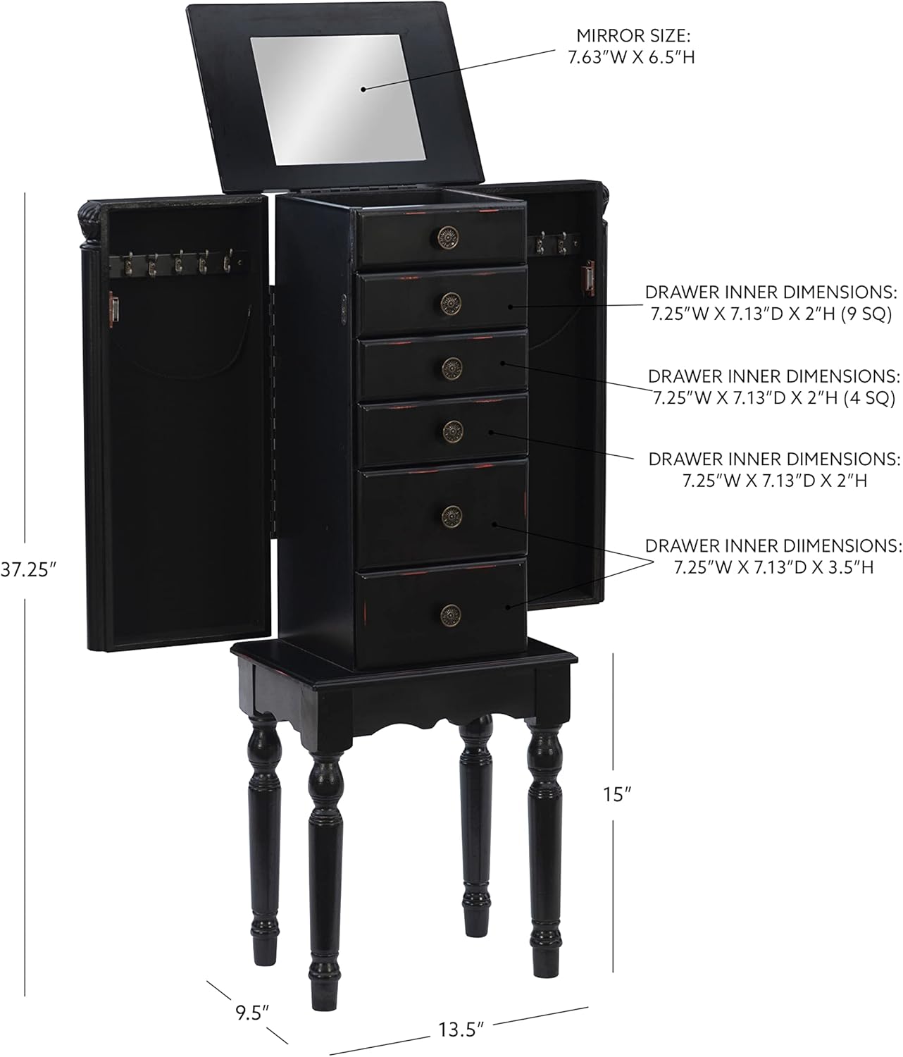 Powell Ebony Jewelry Armoire, Distressed Ebony Black; Black Lining