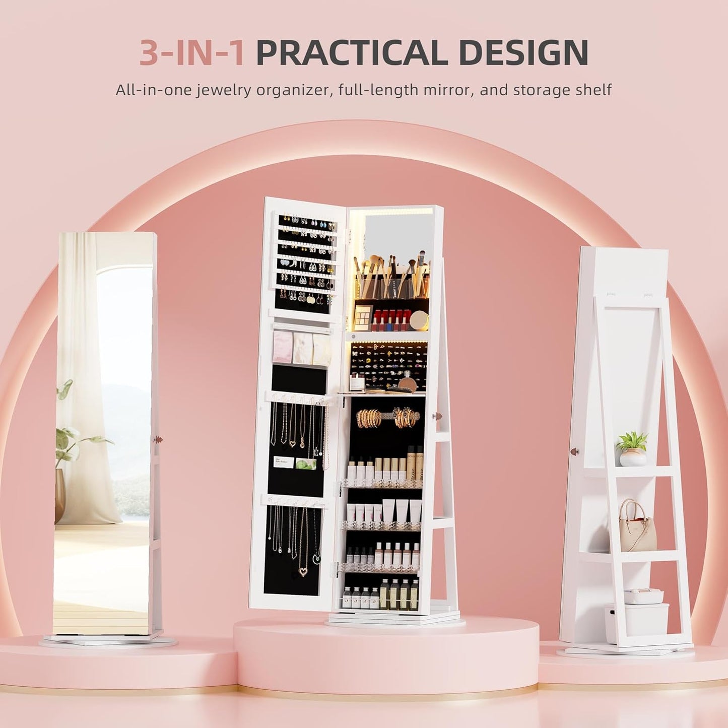Full-Length Mirror Jewelry Cabinet with LED Lights, Lockable Jewelry Organizer with Mirror, 360° Swivel Wooden Jewelry Armoire, Standing Organizer for Women and Girls