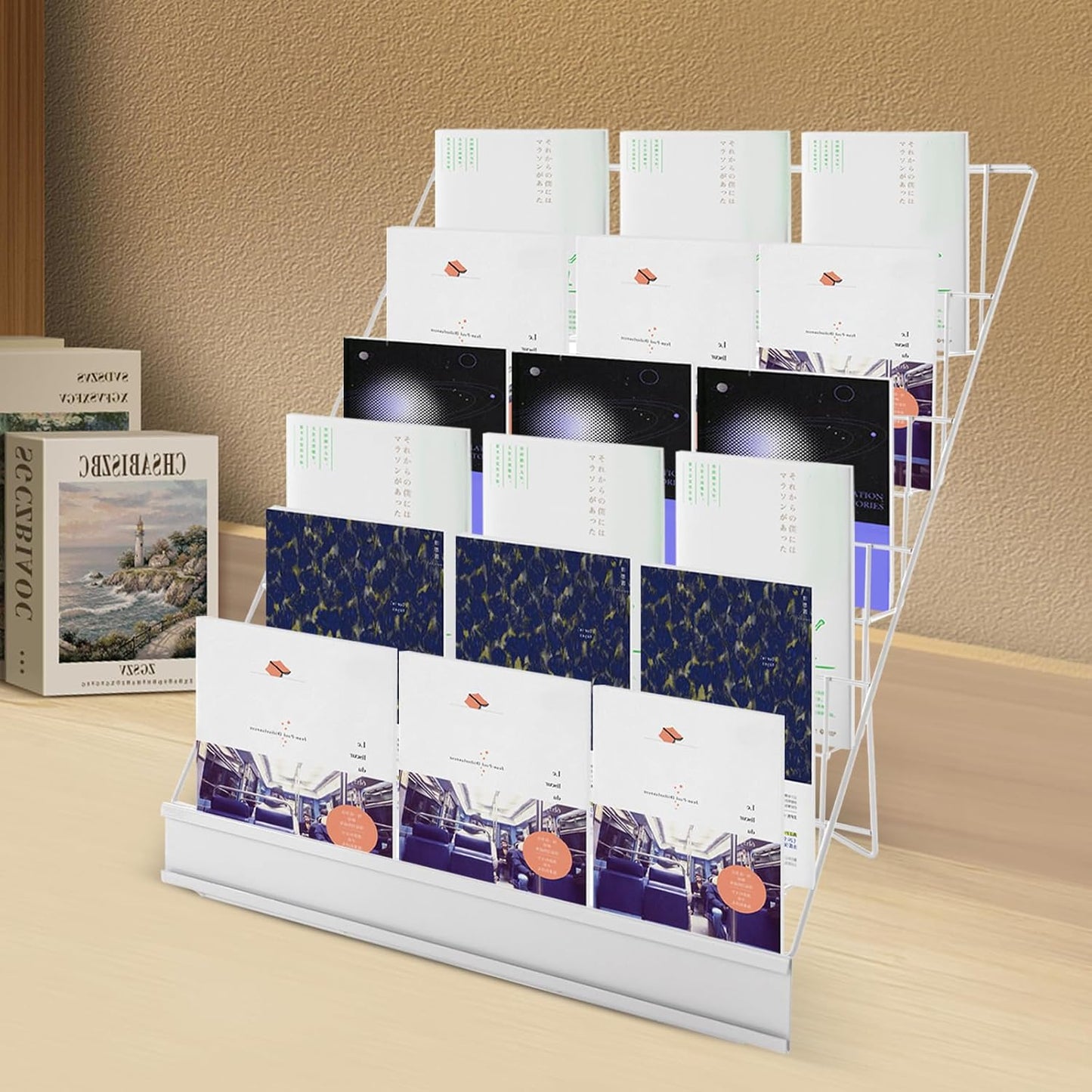 Wire Magazine Rack, Magazine Rack Floor with 6 Open Tiers, Literature Display Rack, Tabletop Display Stand (White)