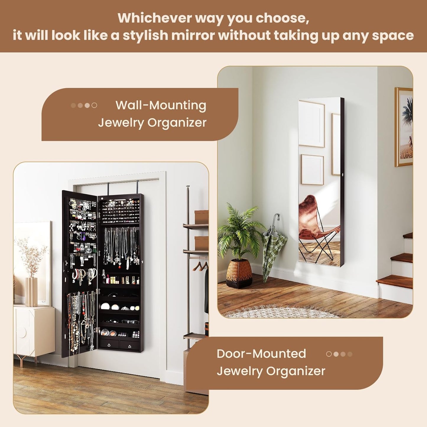 NAFORT 2 LEDs Mirror Jewelry Cabinet, 47.5-Inch Tall Wall or Door Mounted Jewelry Organizers and Storage with Frameless Full-length Mirror, Lockable Jewelry Armoire with 2 Drawers, Espresso