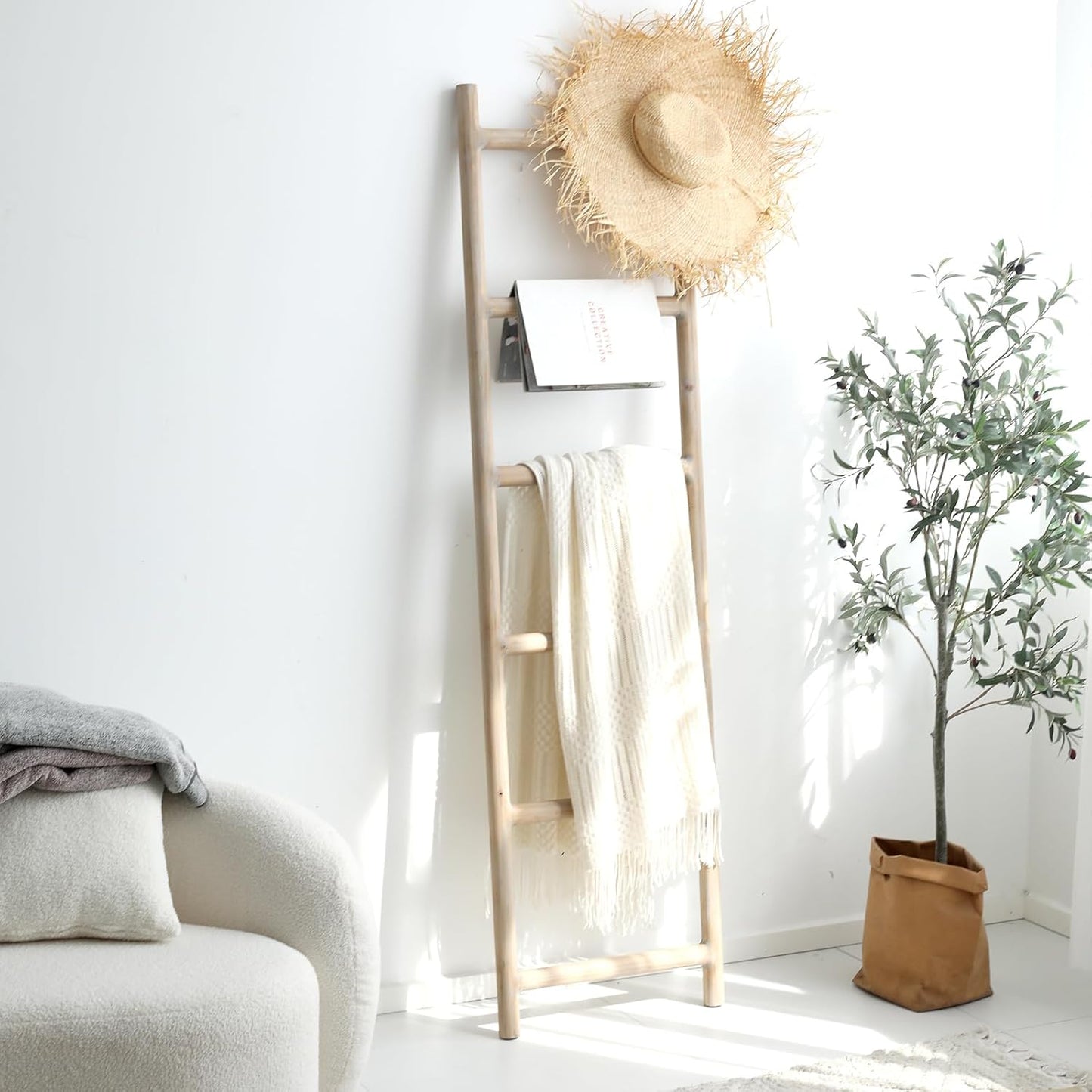 SwallowLiving Fully Assembled 6ft Farmhouse Wood Blanket Ladder Living Room Decorative Wall Leaning Quilt Display Holder Rustic Wooden Towel Rack for Bathroom, Natural & Graywashed