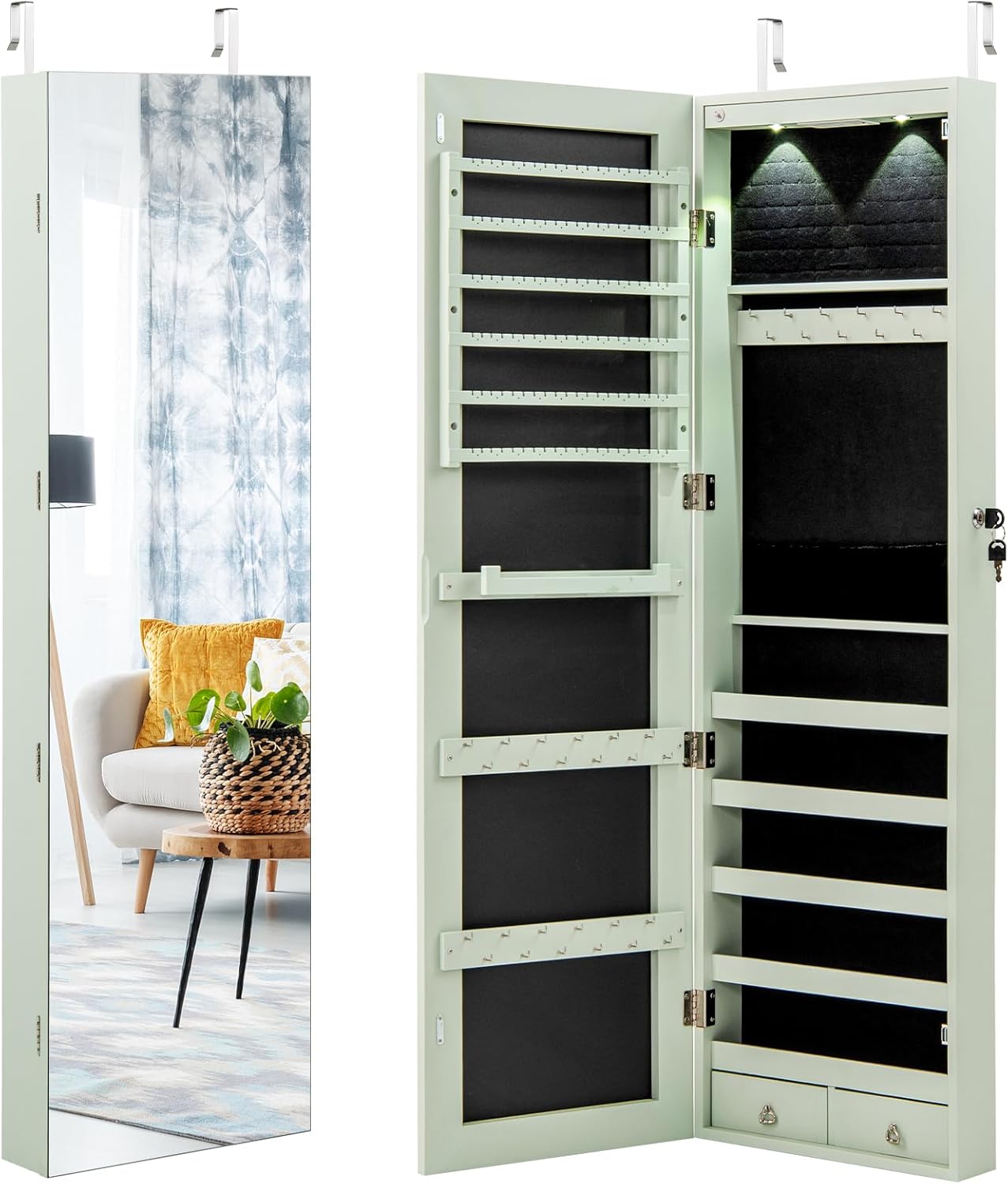 NAFORT 2 LEDs Mirror Jewelry Cabinet, 47.5-Inch Tall Wall or Door Mounted Jewelry Organizers and Storage with Frameless Full-length Mirror, Lockable Jewelry Armoire with 2 Drawers, Espresso