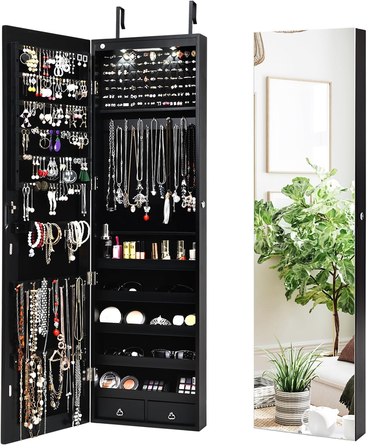 NAFORT 2 LEDs Mirror Jewelry Cabinet, 47.5-Inch Tall Wall or Door Mounted Jewelry Organizers and Storage with Frameless Full-length Mirror, Lockable Jewelry Armoire with 2 Drawers, Espresso