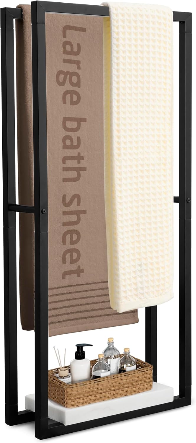 KES Standing Towel Racks for Bathroom with Heavy Marble Base, 38" H Towel Rack Stand for Bathroom 2-Tier, Blanket Rack for Bathroom Floor, Matte Black, BTH501-BK