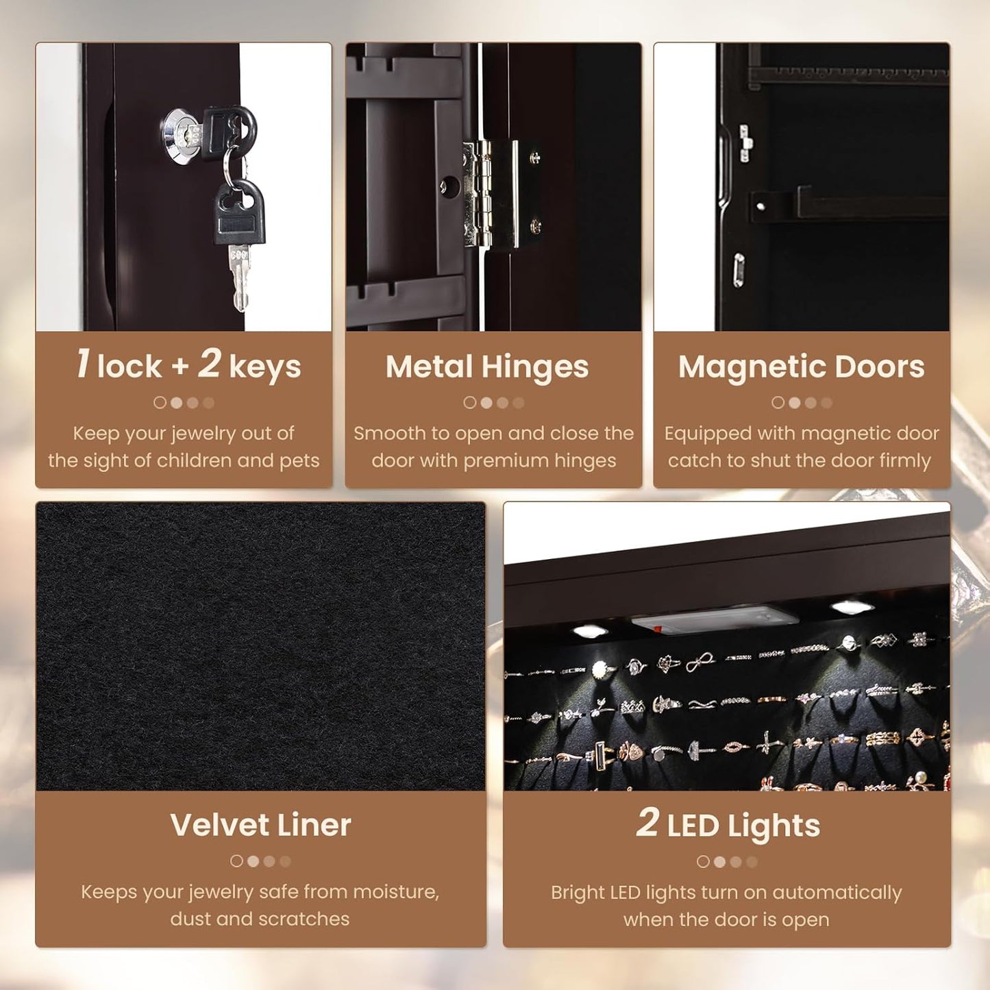NAFORT 2 LEDs Mirror Jewelry Cabinet, 47.5-Inch Tall Wall or Door Mounted Jewelry Organizers and Storage with Frameless Full-length Mirror, Lockable Jewelry Armoire with 2 Drawers, Espresso