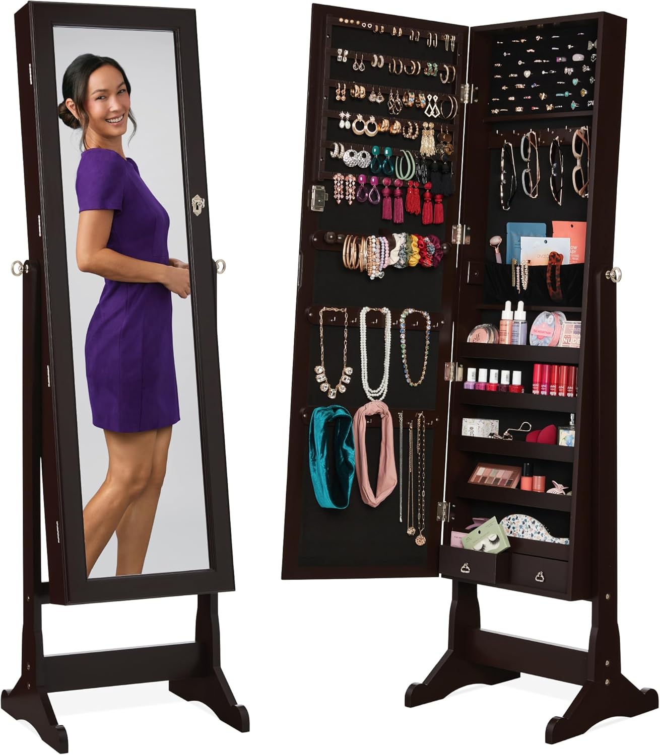 Best Choice Products Freestanding Jewelry Armoire Cabinet, Full Length Standing Mirror, Lockable Makeup Storage Organizer, w/Velvet Lining, 3 Angles, Lock, Accessory Pouch, 5 Shelves - White