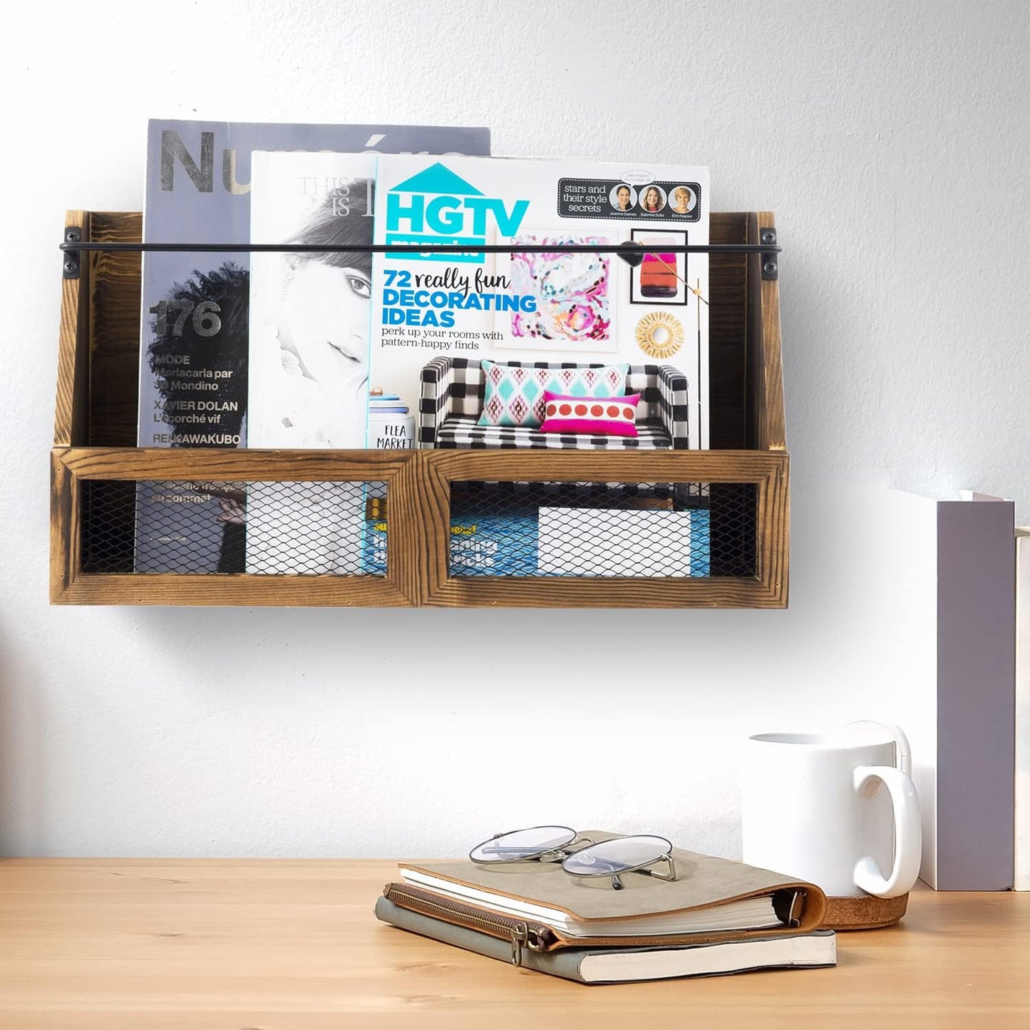 MyGift Magazine Holder Wall Mounted Rustic Burnt Solid Wood Double Wide Rack with Matte Black Metal Bar and Chicken Wire Decoration, Book Display Storage