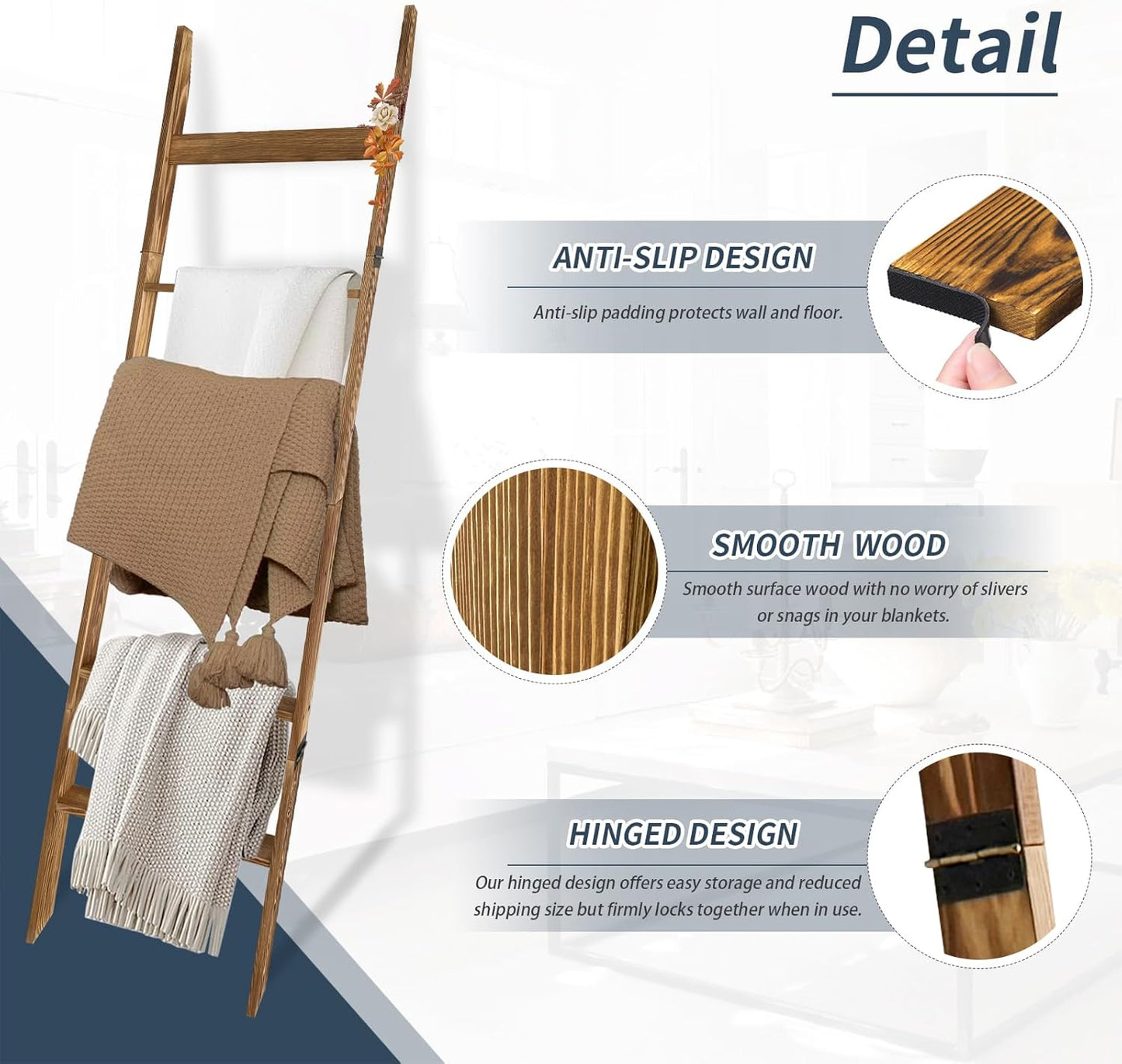 Rustic Blanket Ladder for Bedroom & Living Room - 5.66 Ft Light Brown Wooden Display Rack with 6 Tiers & 5 Hooks (Scarf/Towel Organizer)