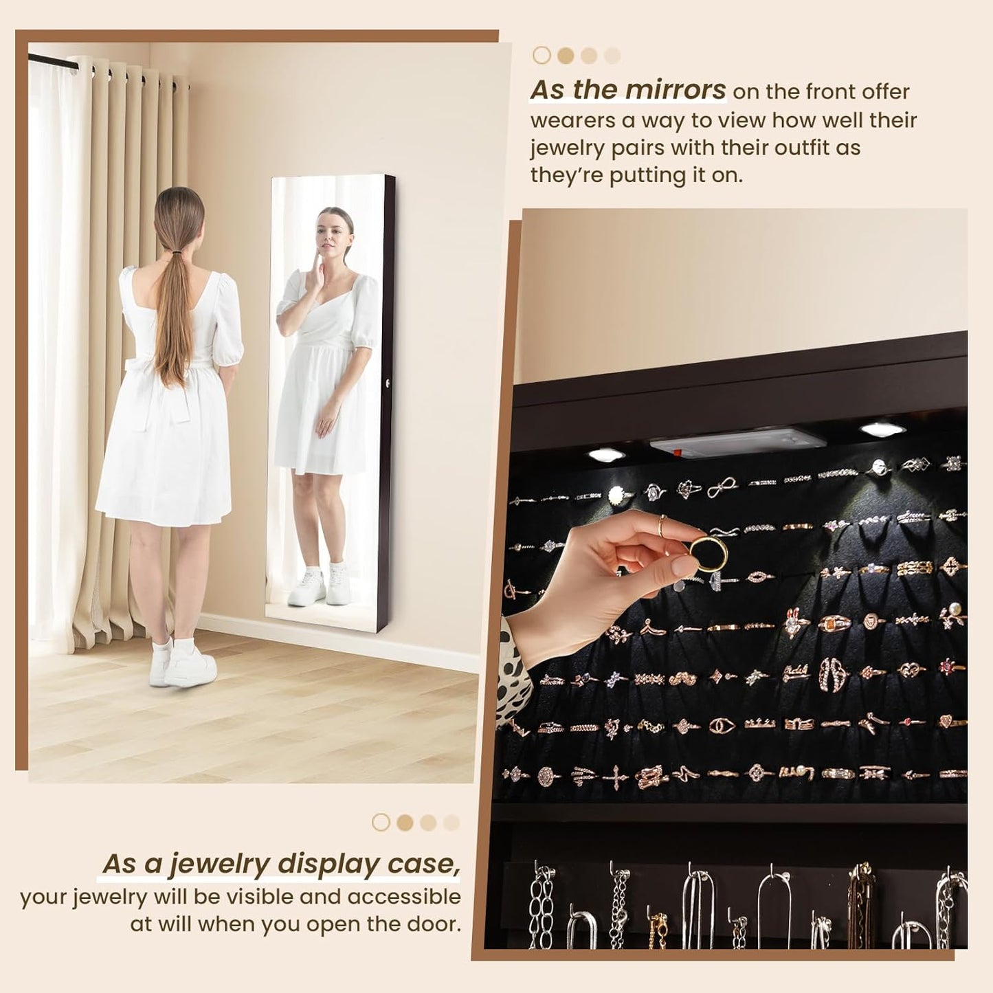 NAFORT 2 LEDs Mirror Jewelry Cabinet, 47.5-Inch Tall Wall or Door Mounted Jewelry Organizers and Storage with Frameless Full-length Mirror, Lockable Jewelry Armoire with 2 Drawers, Espresso