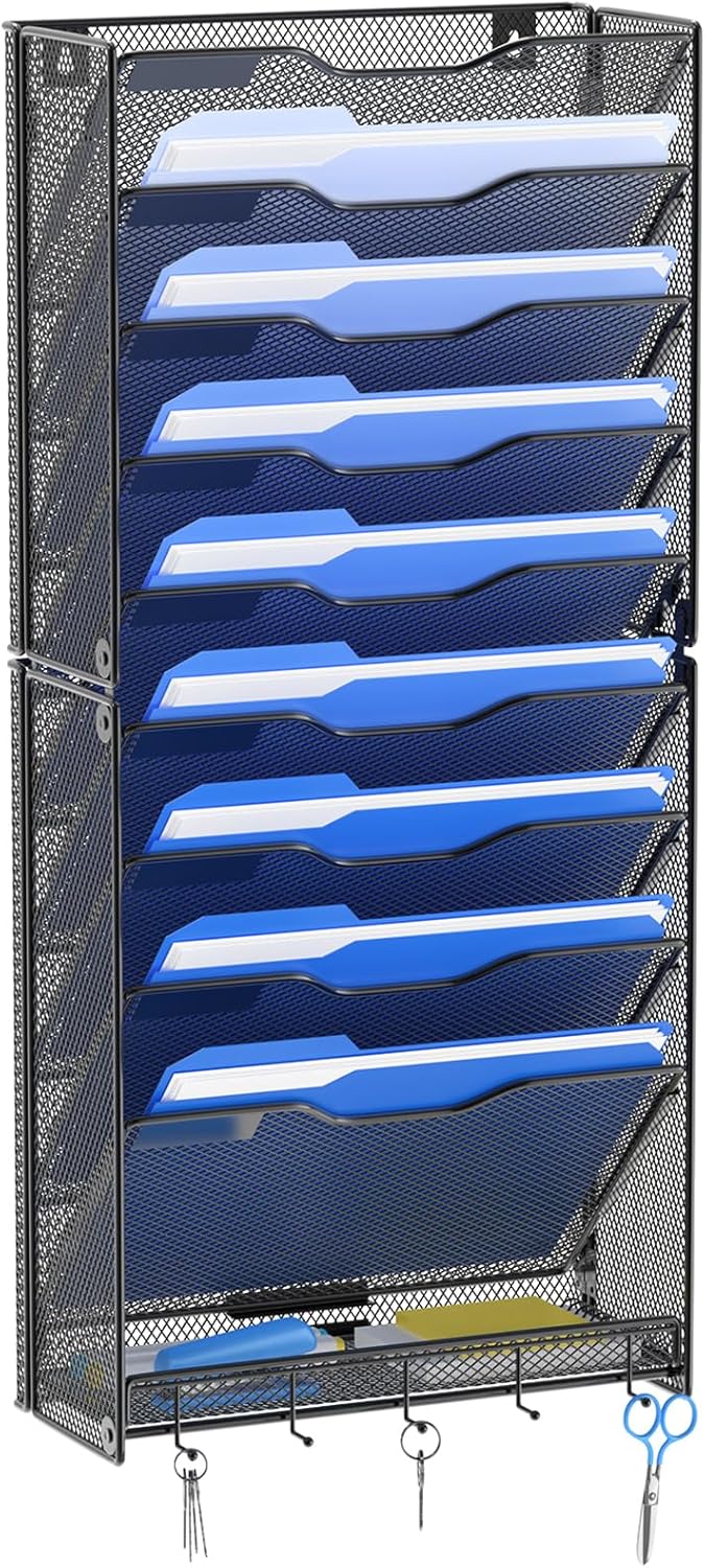 OUTWOLF 15 Tier Wall File Organizer with Hooks, Hanging Wall File Holder Wall Mount Paper Folder Organizer for Office, Magazine Rack