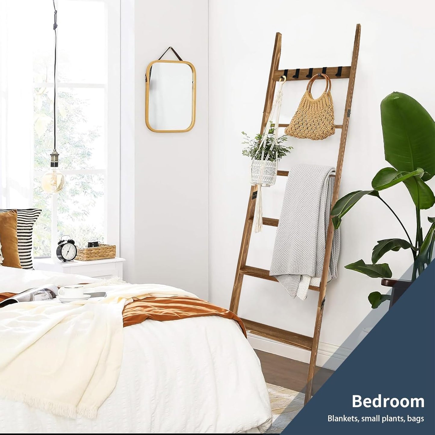 Rustic Blanket Ladder for Bedroom & Living Room - 5.66 Ft Light Brown Wooden Display Rack with 6 Tiers & 5 Hooks (Scarf/Towel Organizer)