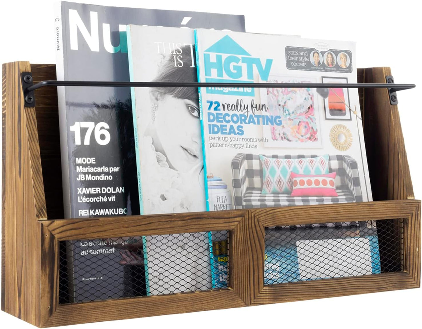 MyGift Magazine Holder Wall Mounted Rustic Burnt Solid Wood Double Wide Rack with Matte Black Metal Bar and Chicken Wire Decoration, Book Display Storage