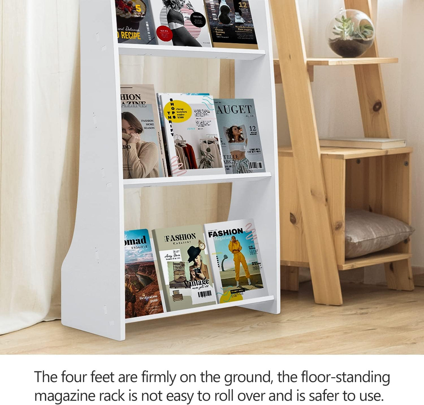 Magazine Display Rack,4 Tiered Book Floor Stand, Floor-Standing Flyer Holder Brochure Display Stand Floor, Catalog Literature Display Rack Leaflet Coupon Stand for Home, Office,Trade, Shopping Malls White