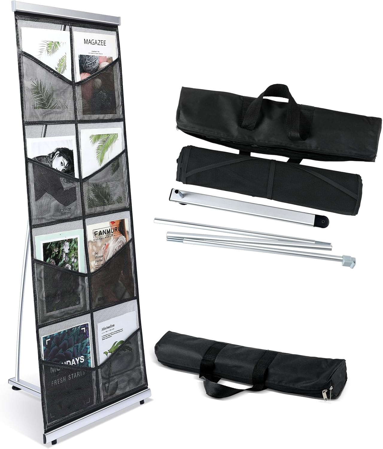Outus Mesh Literature Brochure Holder with 8 Pocket Portable Magazine Display Roll Up Magazine Rack Lightweight Floor Standing Catalog Office Brochure Display Stand for Business Trade Shows