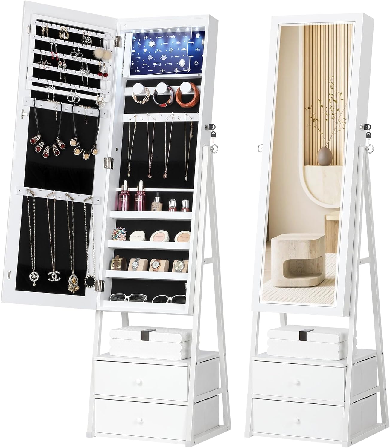 Nicetree LED Jewelry Cabinet Armoire with 2 Drawers, Lockable Standing Mirror Jewelry Cabinet, Full Length Mirror with Jewelry Storage, Christmas Gifts, White