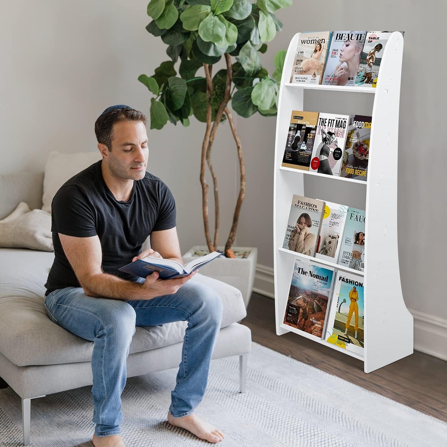 Magazine Display Rack,4 Tiered Book Floor Stand, Floor-Standing Flyer Holder Brochure Display Stand Floor, Catalog Literature Display Rack Leaflet Coupon Stand for Home, Office,Trade, Shopping Malls White