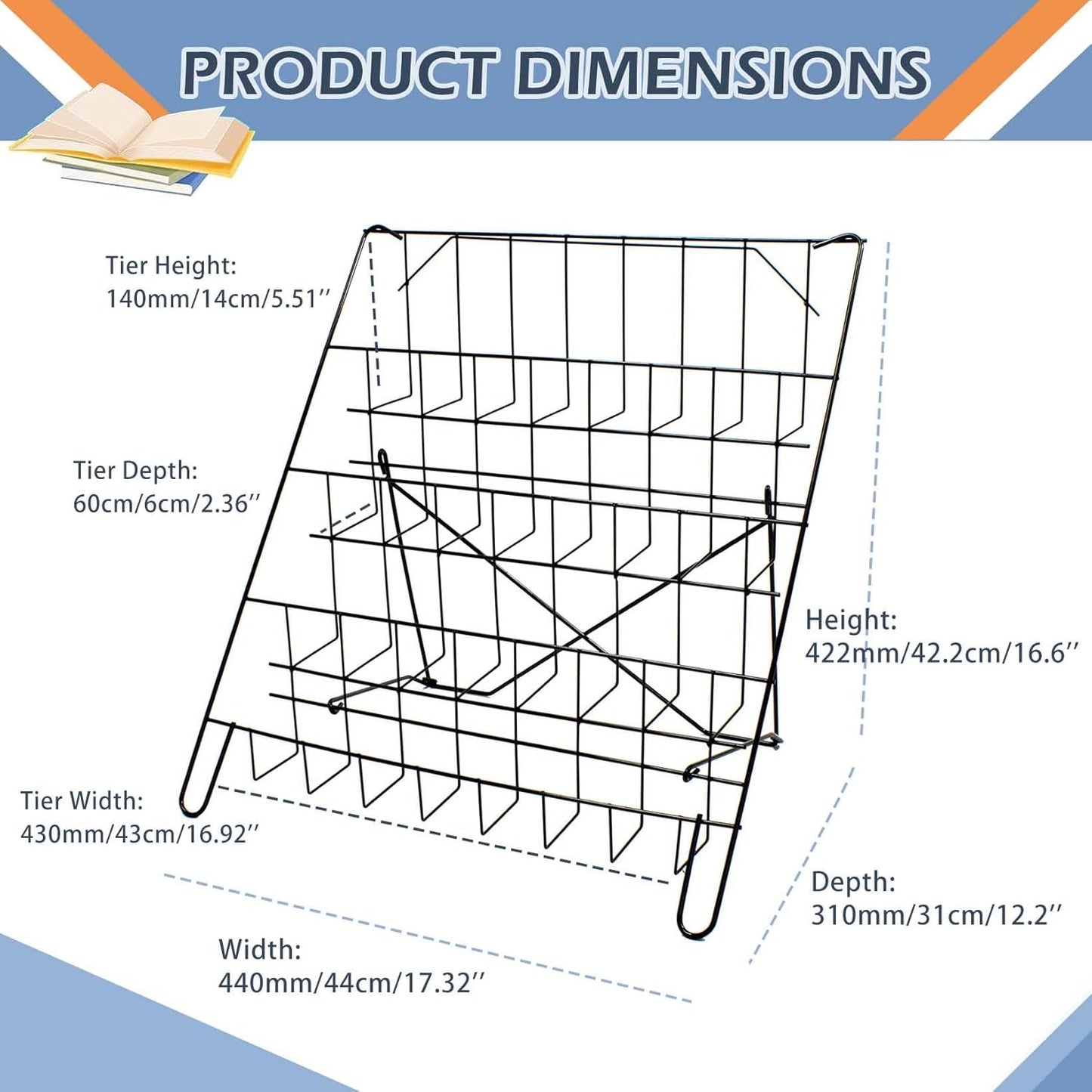 Wire Magazine Rack with 4 Open Tiers Book Signing Rack Tabletop Display Stand Holds Both Magazines and Brochures Display Rack Wire - Black