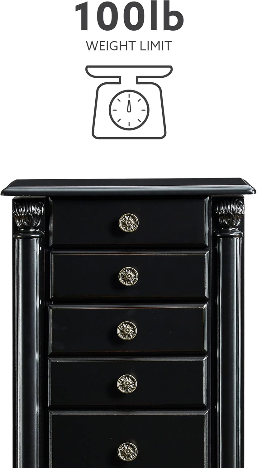 Powell Ebony Jewelry Armoire, Distressed Ebony Black; Black Lining