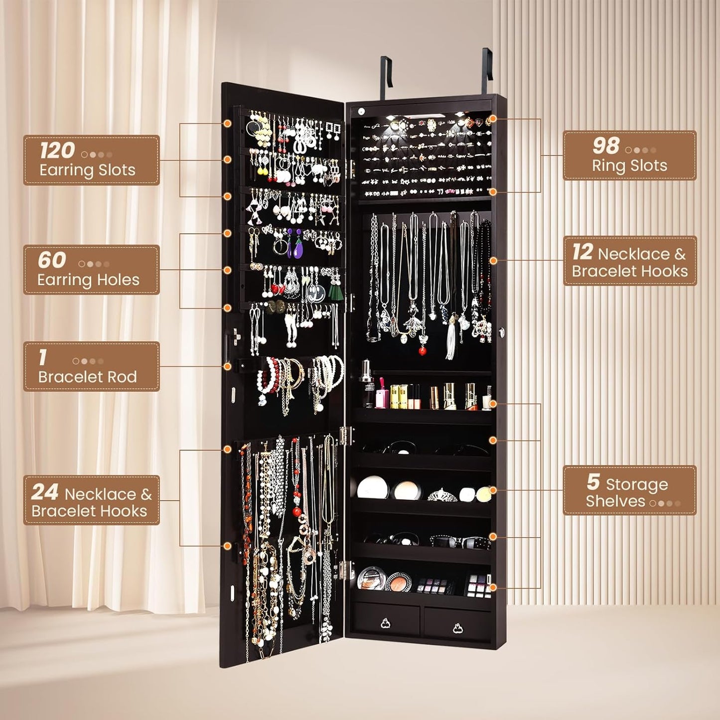 NAFORT 2 LEDs Mirror Jewelry Cabinet, 47.5-Inch Tall Wall or Door Mounted Jewelry Organizers and Storage with Frameless Full-length Mirror, Lockable Jewelry Armoire with 2 Drawers, Espresso