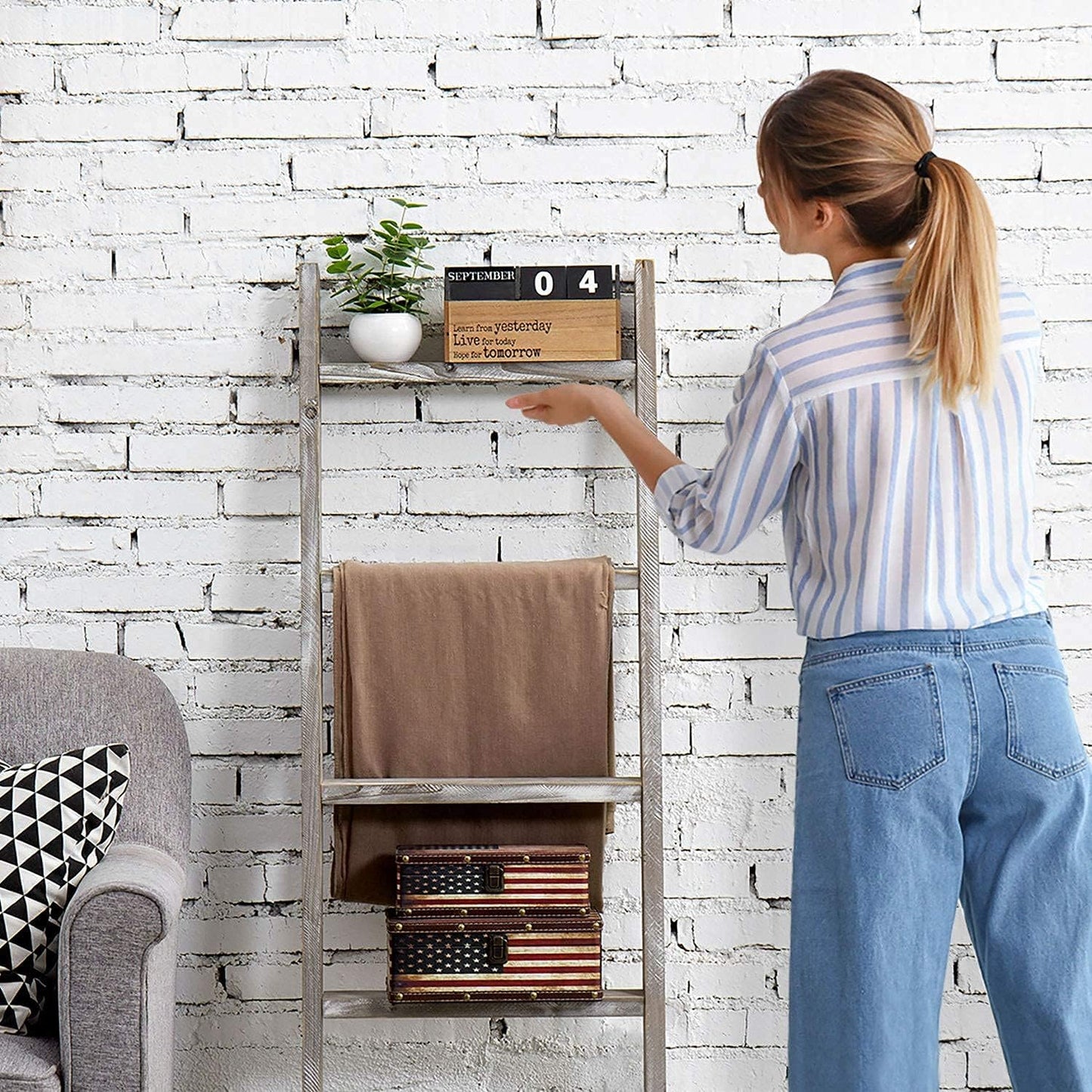 MyGift Wall-Leaning Rustic Gray with White Finish Wood Ladder-Style Blanket Rack Vintage Grey Wood & Industrial Metal Pipe Wall Mounted Ladder Rack, 46 Inch Towel Shelve