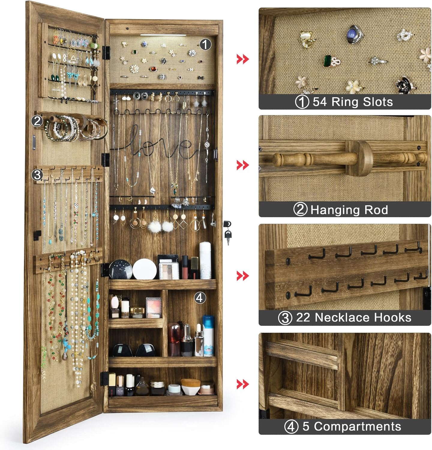 SRIWATANA Jewelry Armoire Cabinet, Solid Wood Jewelry Organizer with Full Length Mirror Wall/Door Mounted(Carbonized Black)