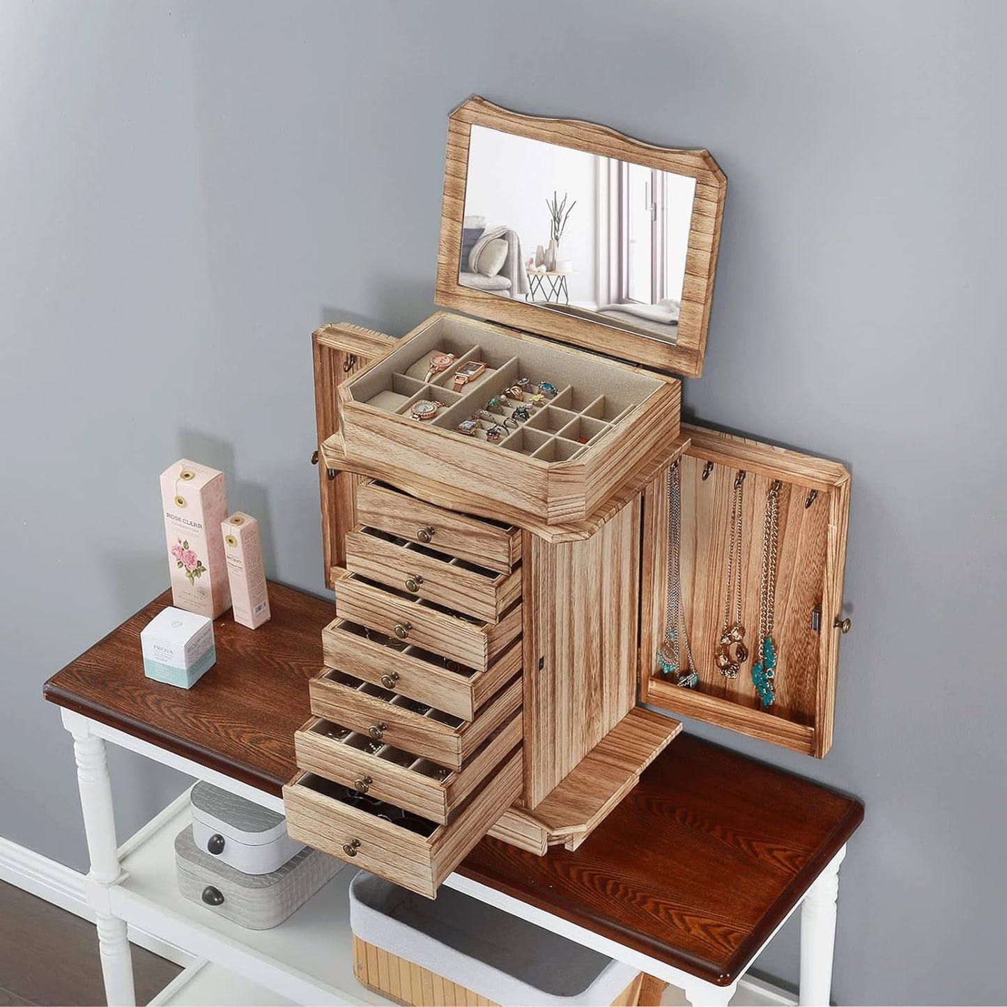 Standing Jewelry Armoire, 7 Drawers & 2 Side Doors Jewelry Amoire Cabinet Standing with Top Flip Makeup Mirror, Jewelry Chest Jewelry Boxes
