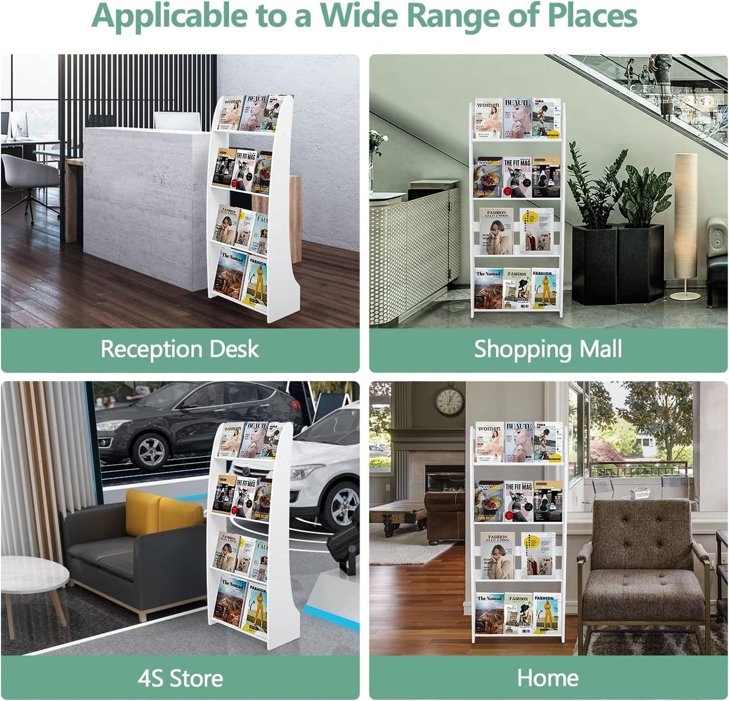 Magazine Display Rack,4 Tiered Book Floor Stand, Floor-Standing Flyer Holder Brochure Display Stand Floor, Catalog Literature Display Rack Leaflet Coupon Stand for Home, Office,Trade, Shopping Malls White