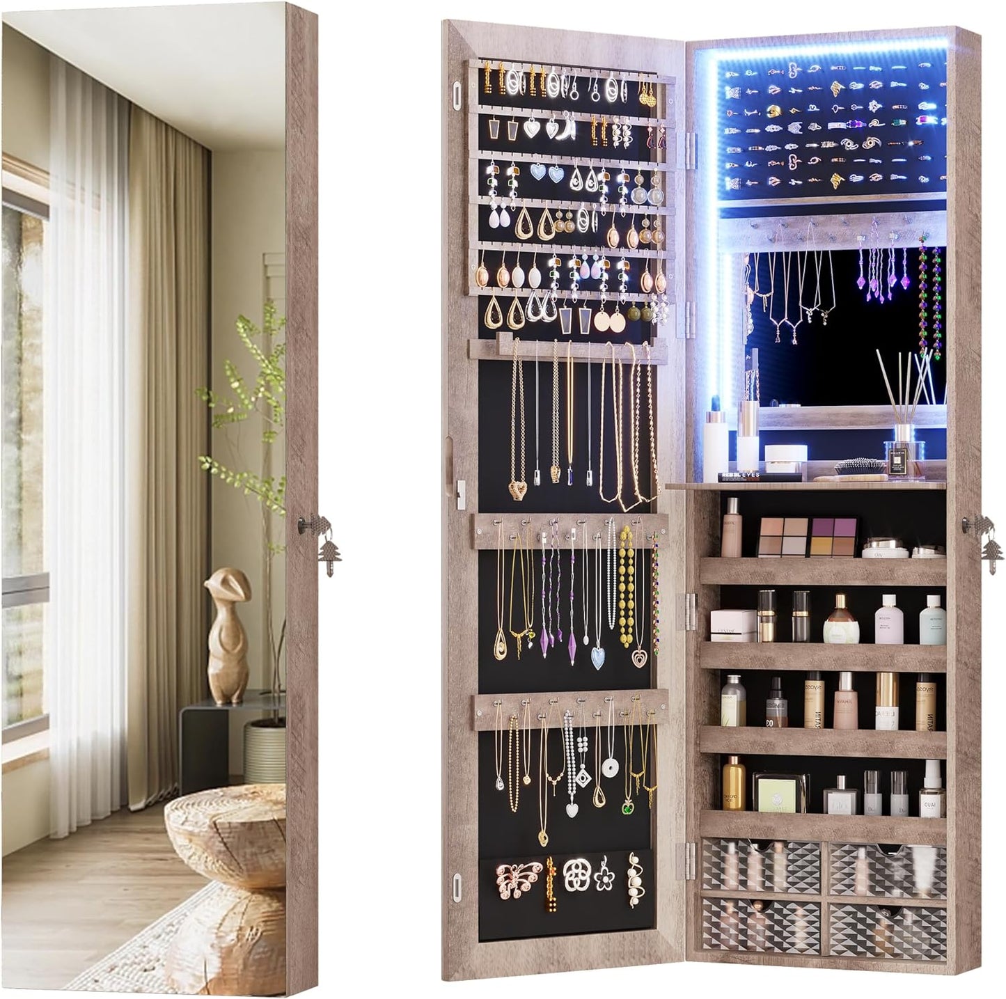 Vlsrka 47.2" LED Jewelry Mirror Cabinet, Wall/Door Mounted Jewelry Armoire Organizer with Full Length Mirror, Large Storage Hanging Cabinet, 4 Drawers, 5 Shelves, Built-in Lighted Mirror (White)