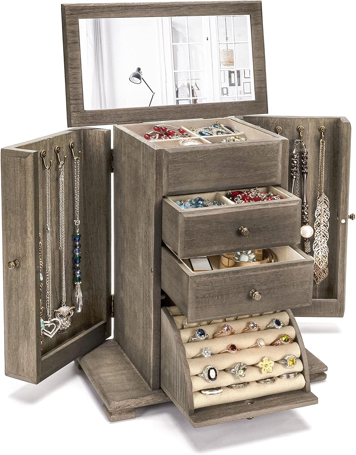 Standing Jewelry Armoire, 7 Drawers & 2 Side Doors Jewelry Amoire Cabinet Standing with Top Flip Makeup Mirror, Jewelry Chest Jewelry Boxes
