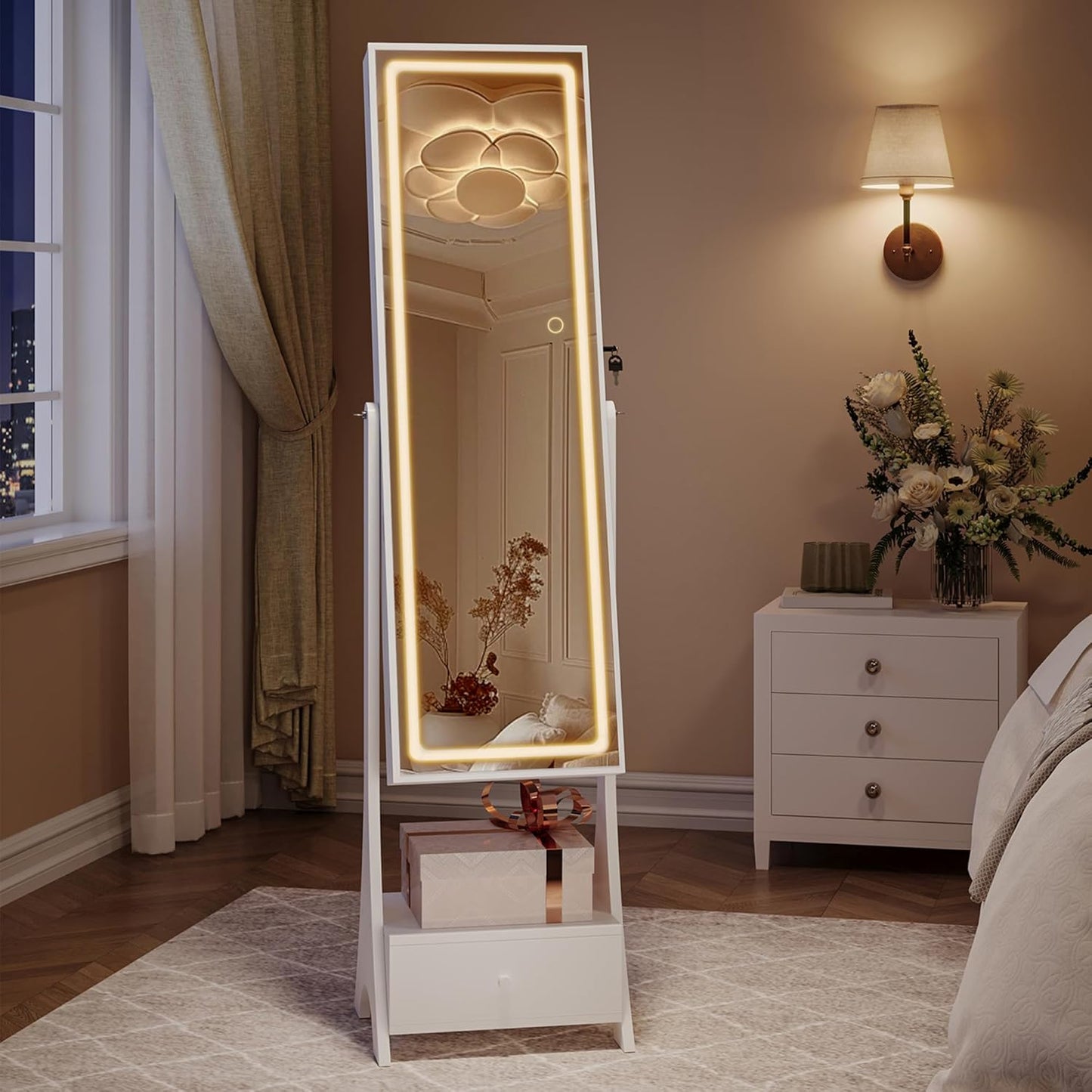 Jewelry Cabinet Armoire with Led Mirror, Full Length Mirror Storage, Lockable Standing Jewelry Mirror Cabinet, Jewelry Armoire Organizer with Drawer, Shelves, White JC35403B