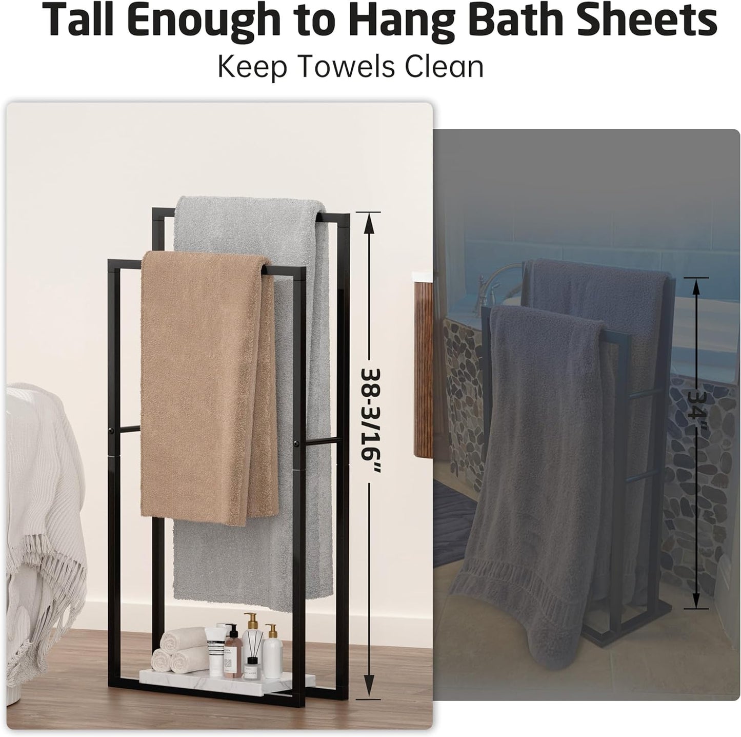 KES Standing Towel Racks for Bathroom with Heavy Marble Base, 38" H Towel Rack Stand for Bathroom 2-Tier, Blanket Rack for Bathroom Floor, Matte Black, BTH501-BK