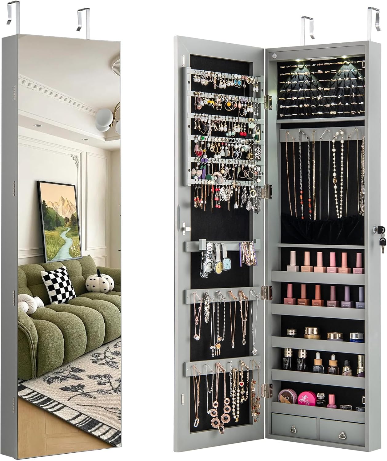 Giantex Wall Door Mounted Jewelry Armoire Cabinet with 47.5" H Full Length Mirror, 2 LEDs Lockable Jewelry Organizer Box with Bracelet Rod, 2 Drawers, Large Storage Capacity (Black)