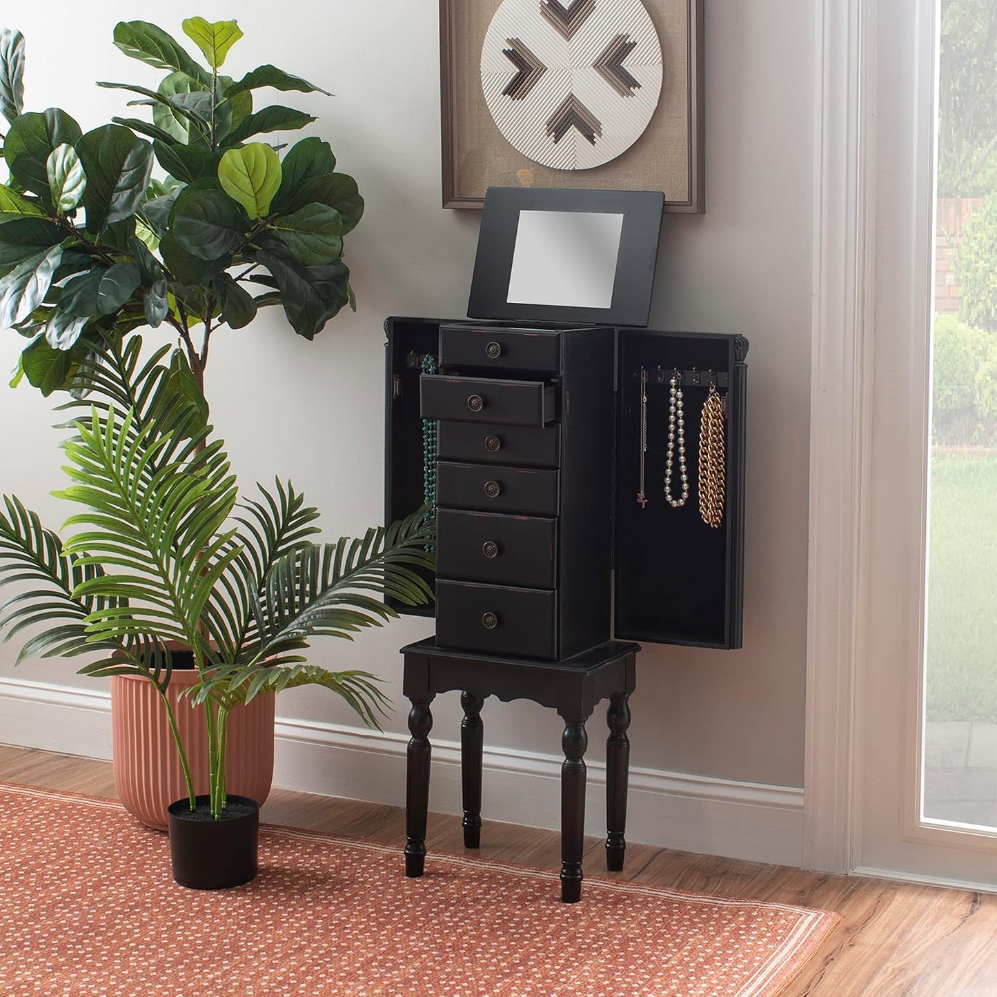 Powell Ebony Jewelry Armoire, Distressed Ebony Black; Black Lining