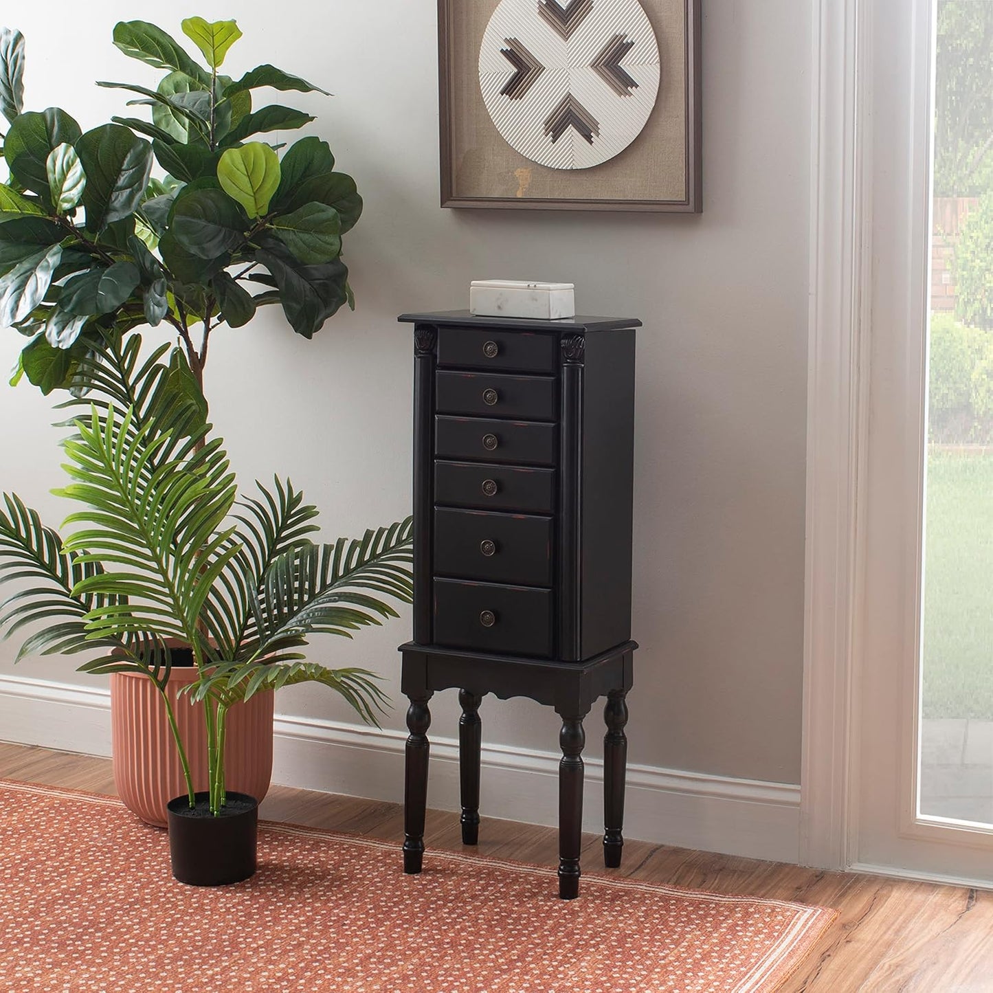 Powell Ebony Jewelry Armoire, Distressed Ebony Black; Black Lining