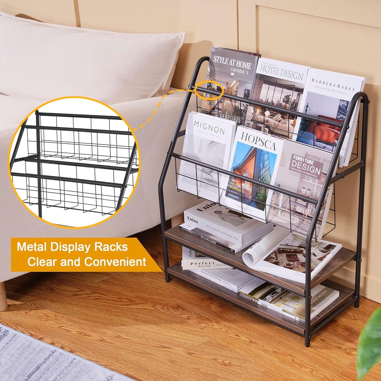 VECELO Magazine Rack FloorStanding,Magazine Display Stand Brochures Newspaper Holders,with 2 Shelves Board for Office,Library,Exhibition Hall,Hospital Indoor&Outdoor,Grey