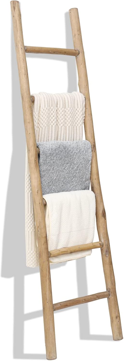 FUIN Fully Assembled 57in Wood Blanket Ladder Living Room Decorative Wall Leaning Farmhouse Quilt Display Holder Rustic Wooden Towel Rack for Bathroom, Brown
